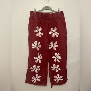 Cider Red Cargo Pants with White Floral Design